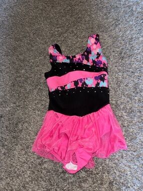 Pink and Black Girls' Dance Costume with Patterned Bodice